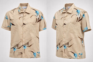 Mark Raysten Hawaiian Button up Mens Large Tan Aloha Shirt Camp Collar Vacation